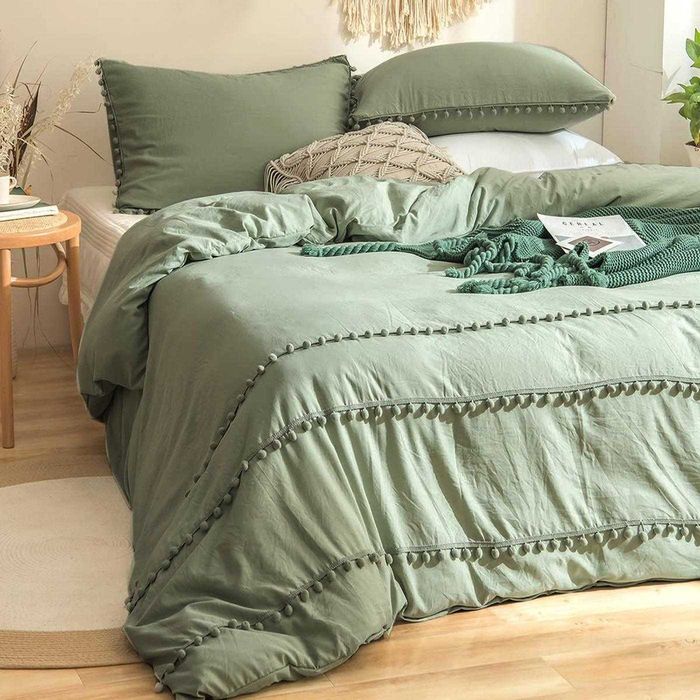 Pościel szałwiowa miętowa boho z ozdobnymi pomponami 160x200 cm