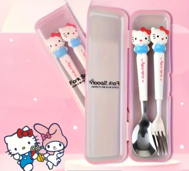 Набір дитячих столових приборів hello kitty (ложка+виделка) з контейне