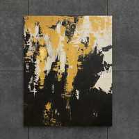 PROMOCJA Ręcznie malowany nowoczesny obraz 100x80cm czarny biały złoty