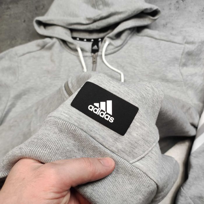 MĘSKA Bluza Szara Adidas Hoodie z Kapturem Bawełna Suwak 3 Paski