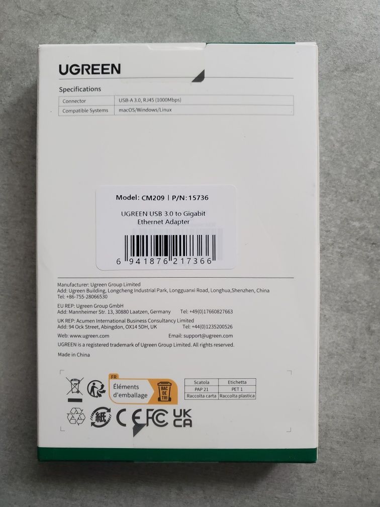 Мережевий адаптер Ugreen USB 3.0 to Gigabit RJ-45 Ethernet Card