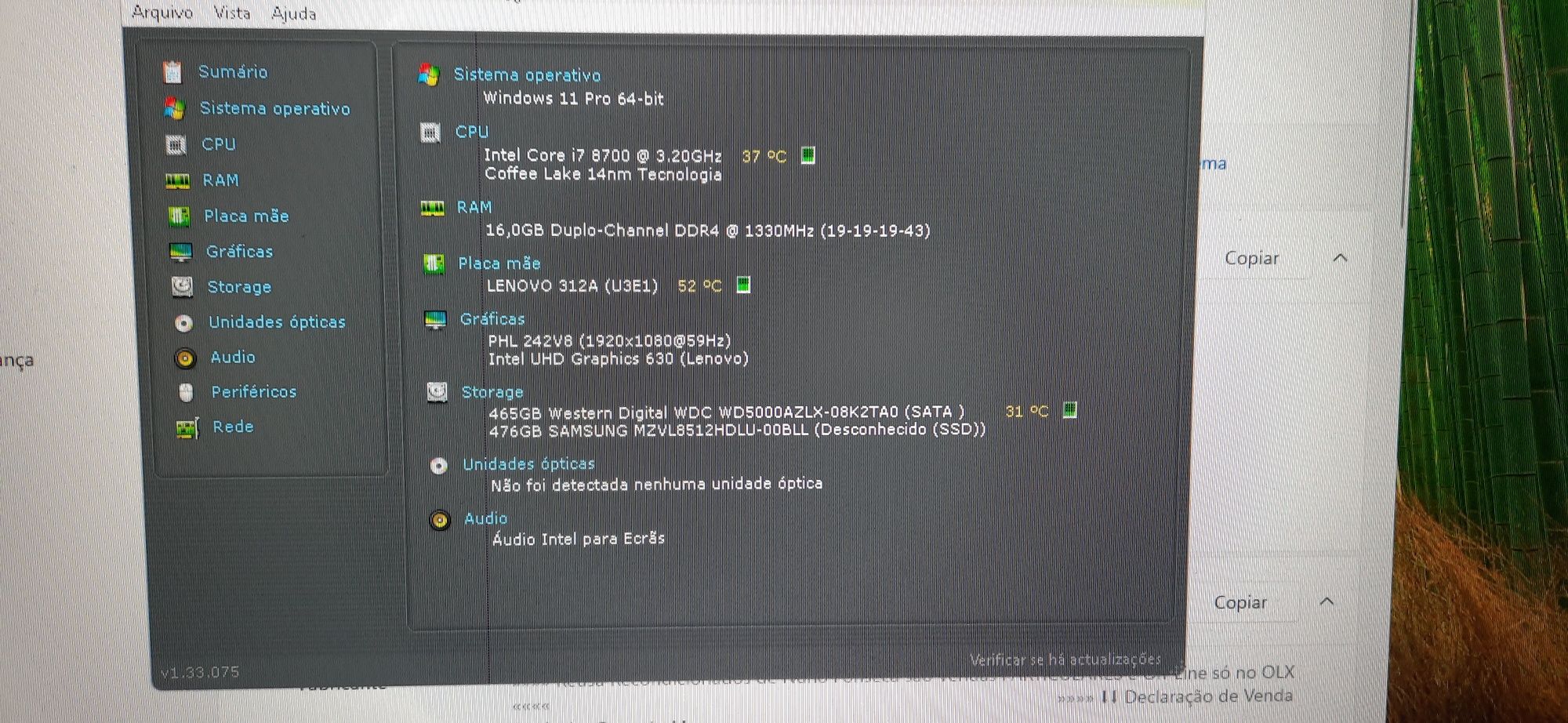 Pç Lenovo M720s 8ªG|I7.8700-4.6G|16G|NVMe512+HDD500|5G|BT|TPM2.0|W11