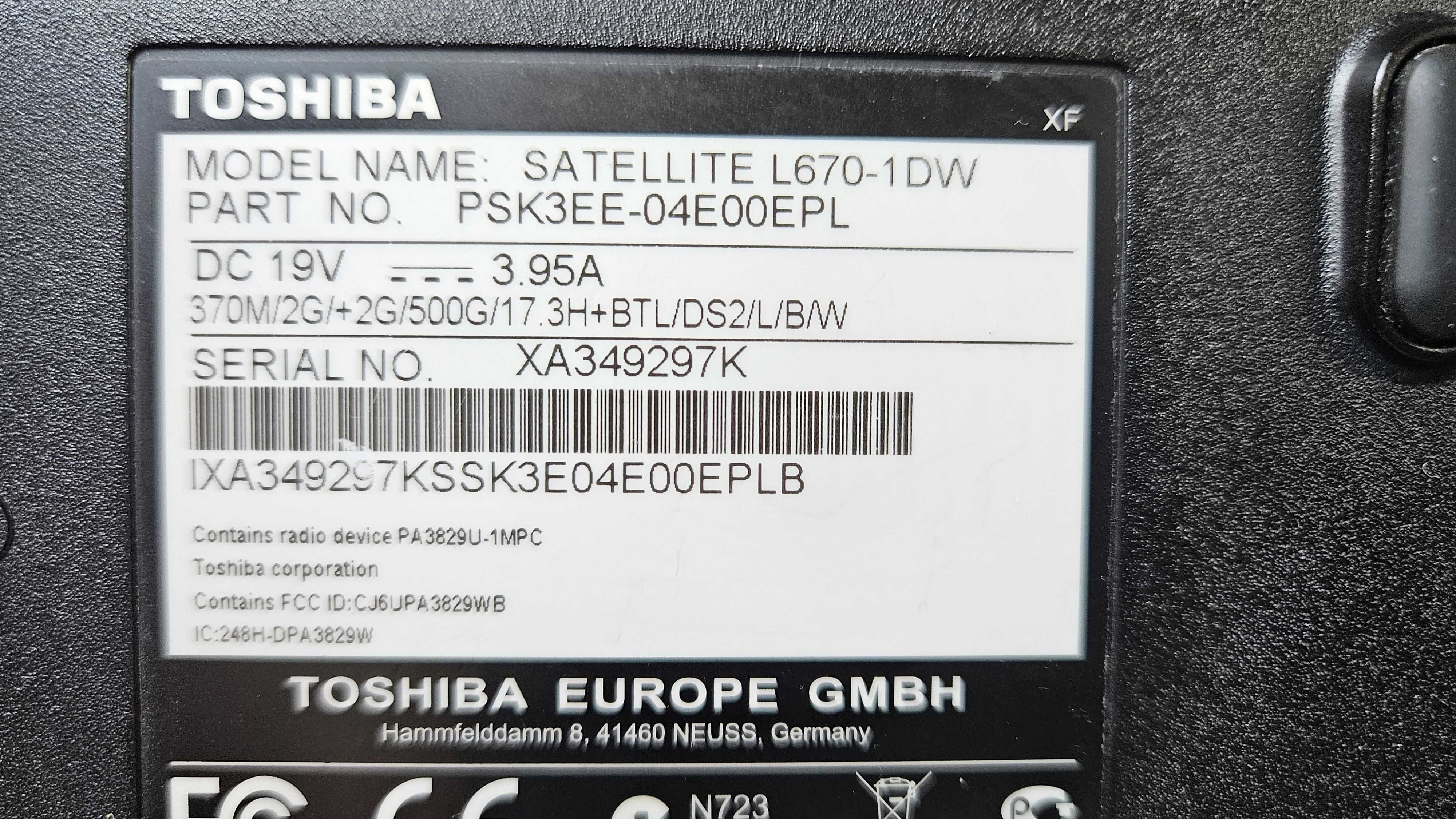 Toshiba satellite 17 cali model: L670 i5-480M 8GB RAM 256SSD