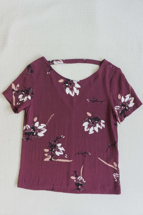 Bluzka Vila kwiaty bordo przewiewna z rękawem wiskoza