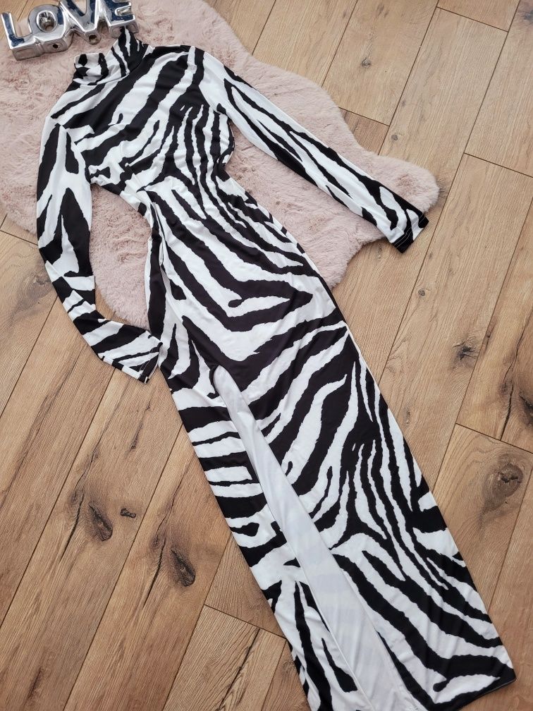 Długa sukienka maxi zebra z rozcieciem na noge polski producnt