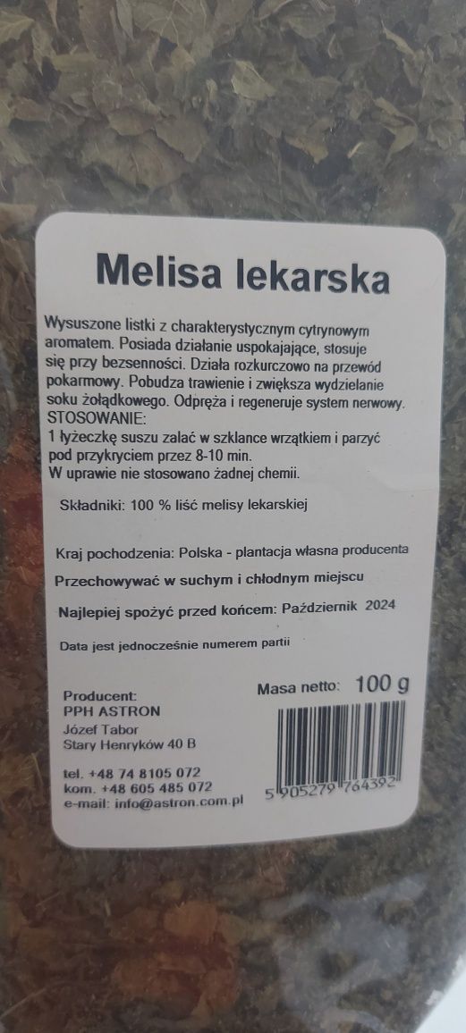 Melisa lekarska 100g bezsenność, rozkurczowa, system nerwowy