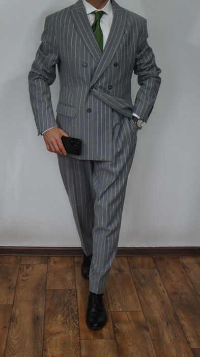 Garnitur Dwurzędowy Zara Wełna Rozmiar 54 190/108 Kolor Szary Prążki