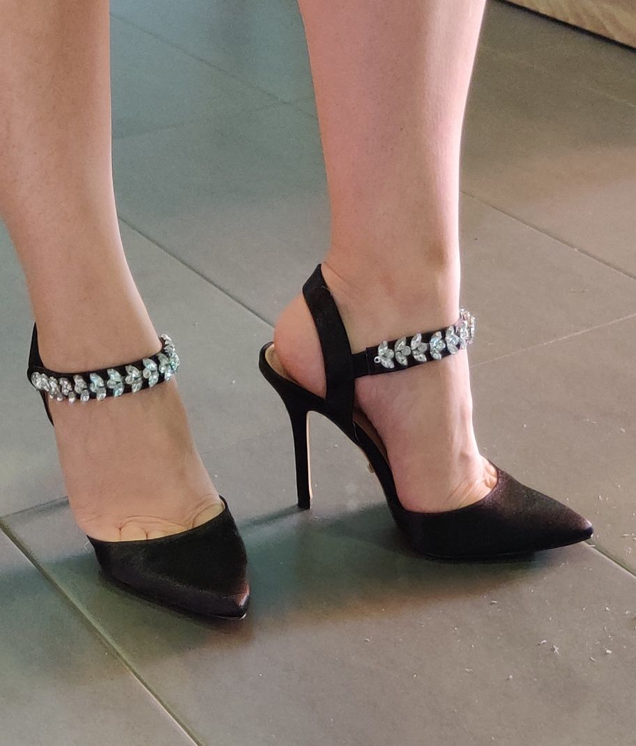 Czarne buty na obcasie szpilki 10cm z szkiełkami Zalando Topshop