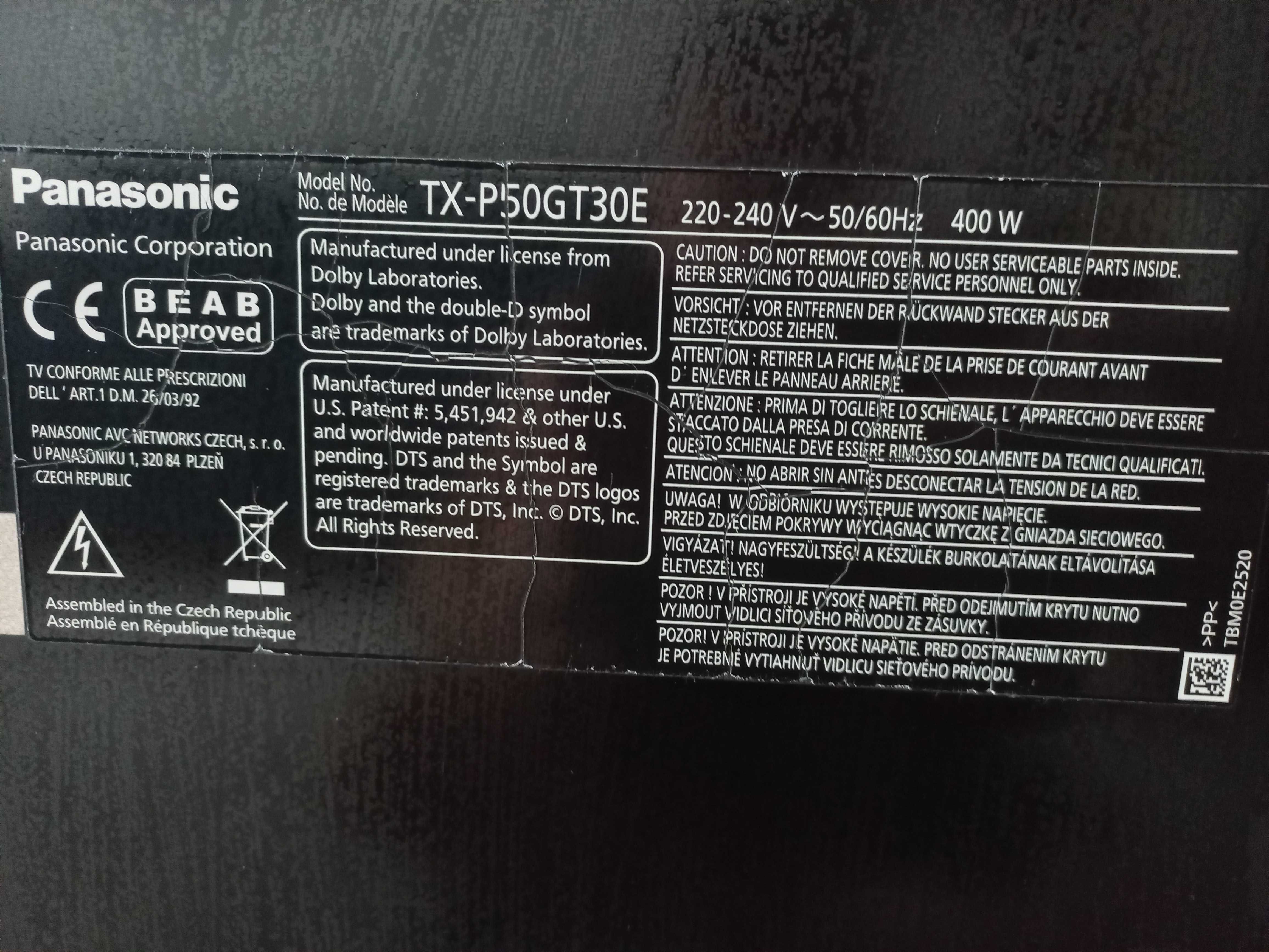 Telewizor Panasonic TX-P50GT30E Uszkodzony.