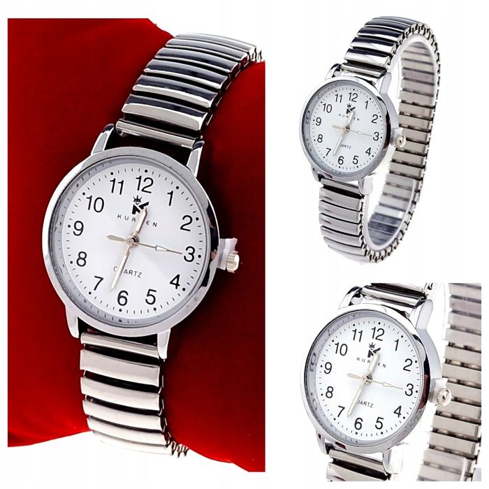 Zegarek Babciny Srebrny Duże Cyfry Na Gumce Rozciągliwy