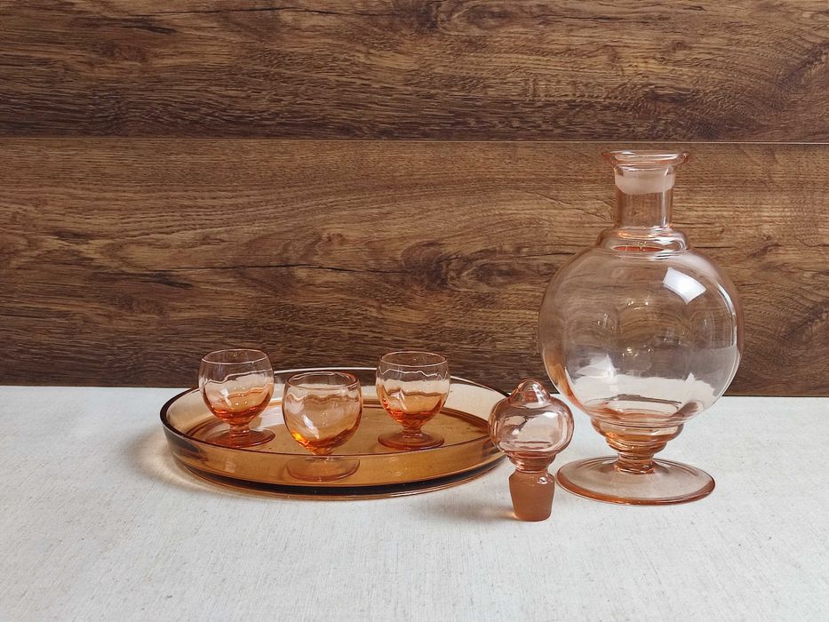 Karafka z kieliszkami + taca - huta Hortensja - lata 30