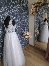 suknia ślubna biała z brokatową spódnicą