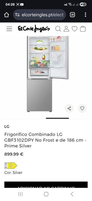 Frigorífico Combinado LG GBF3102DPY No Frost e de 186 cm - Prime Silve