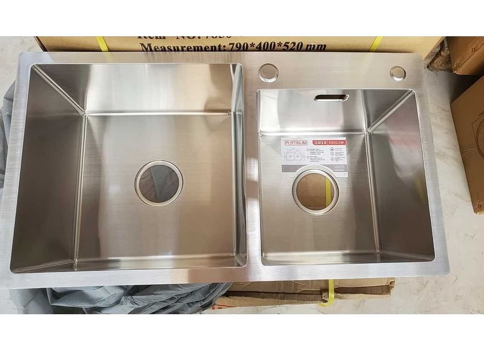Кухонная мойка врезная plati D7843A. Нержавеющая сталь 3 мм, Две чаши.