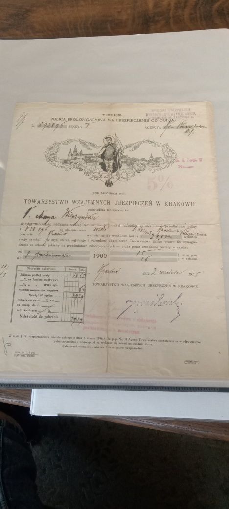 Piękna polisa  ubezpieczeniowa Kraków 1915 rok dokument