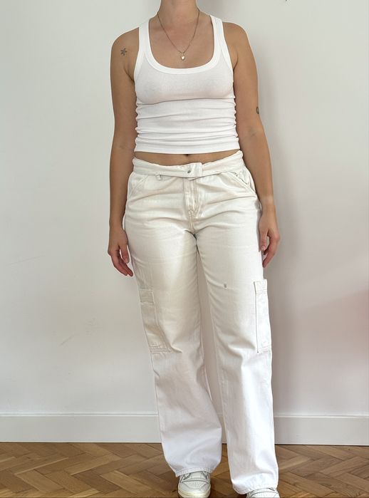 Jasne białe szerokie jesnsy cargo H&M 40/42 wysoki stan