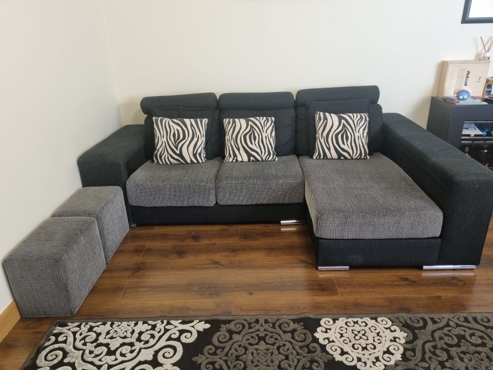 Sofá com chaise longue preto e cinza