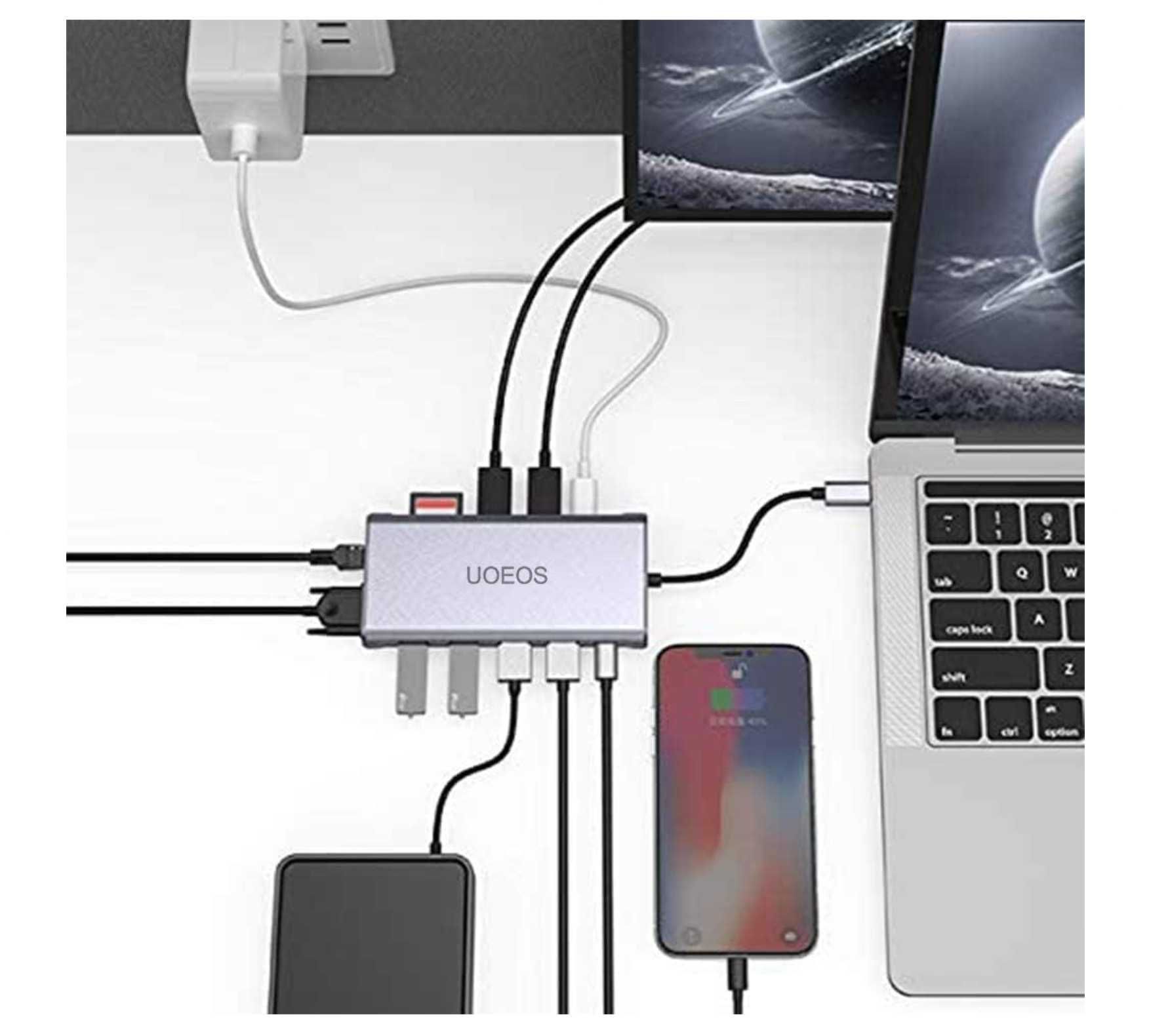 uoeos Hub USB C, 12w1, 4K60Hz, HDMI, DP, Ethernet, 100W, czytnik kart