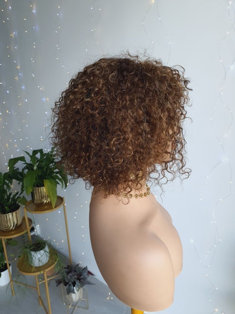 Peruka z włosów naturalnych loki loczki afroloki brąz z refleksami