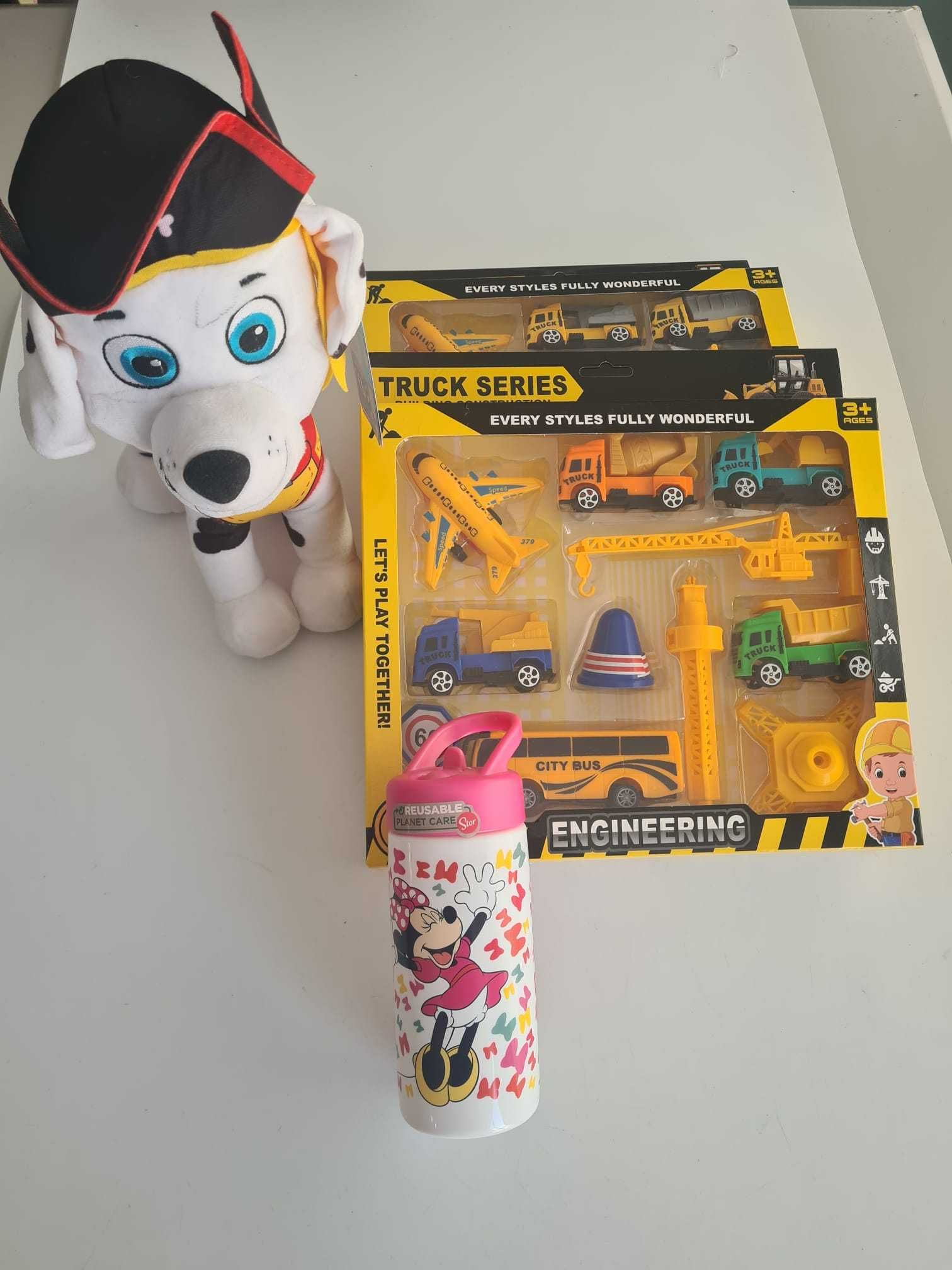 Lote 6 - Peluche Marshal + Garrafa Minnie + 2 Kit de Veiculo de obras