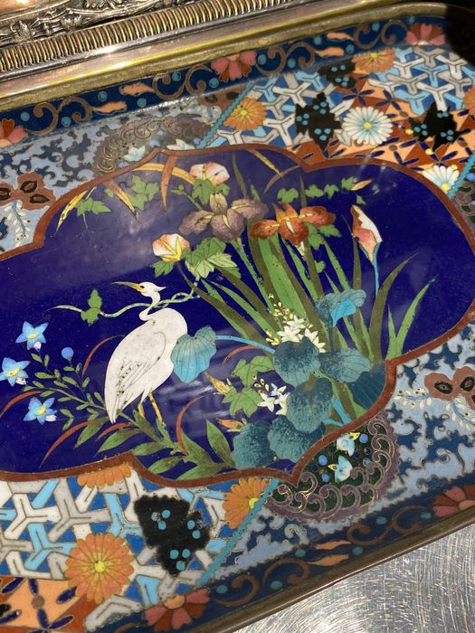 Tabuleiro esmalte Cloisonné Japão séc XIX 27,6 cm