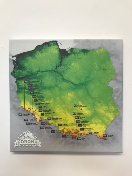 Korona Gór Polski - mapa do zaznaczania zdobytych szczytów 40cm x 40cm