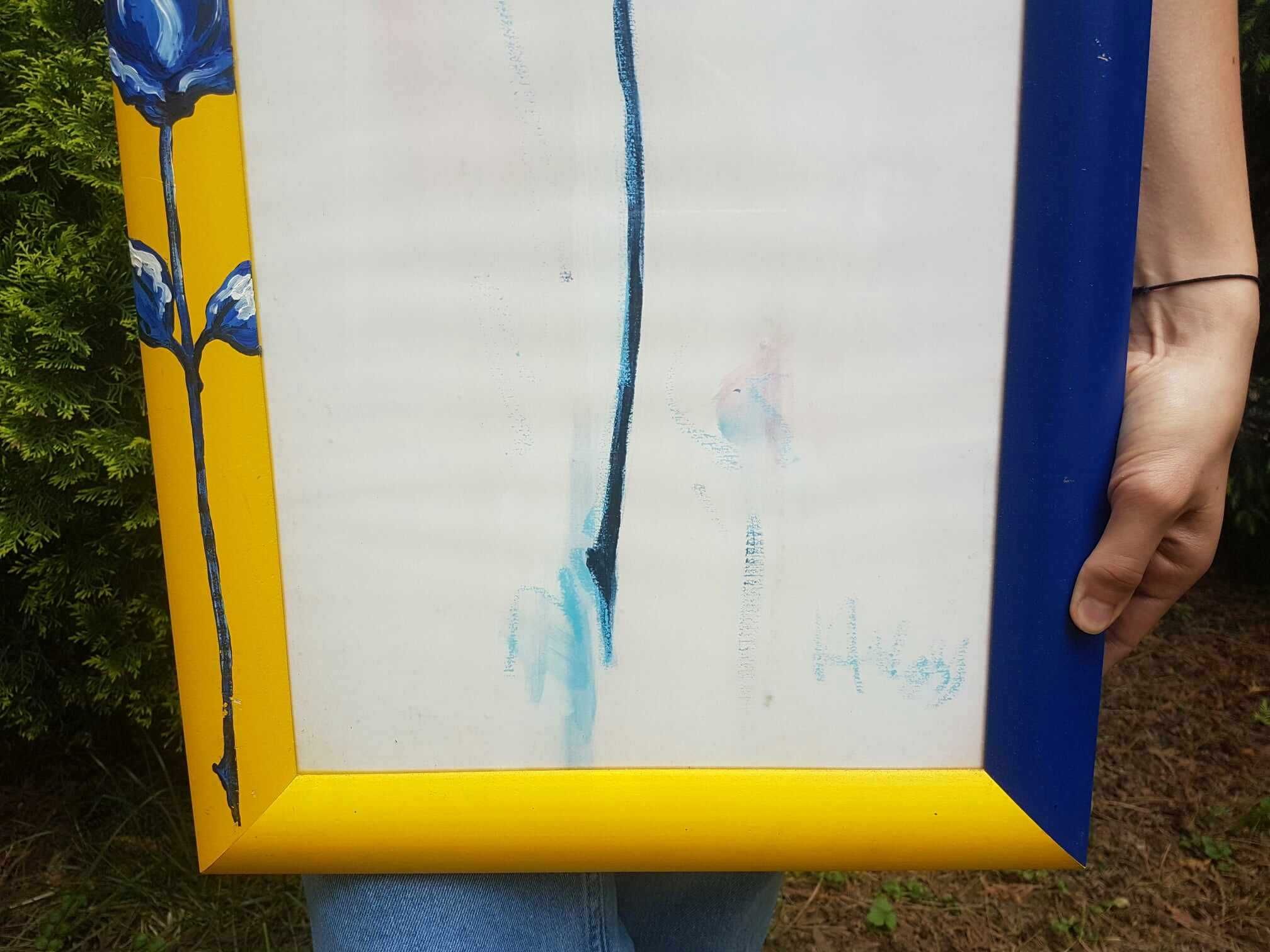 Obraz reprodukcja nowoczesna RÓŻA żółto niebieska za szybą 38X78 cm