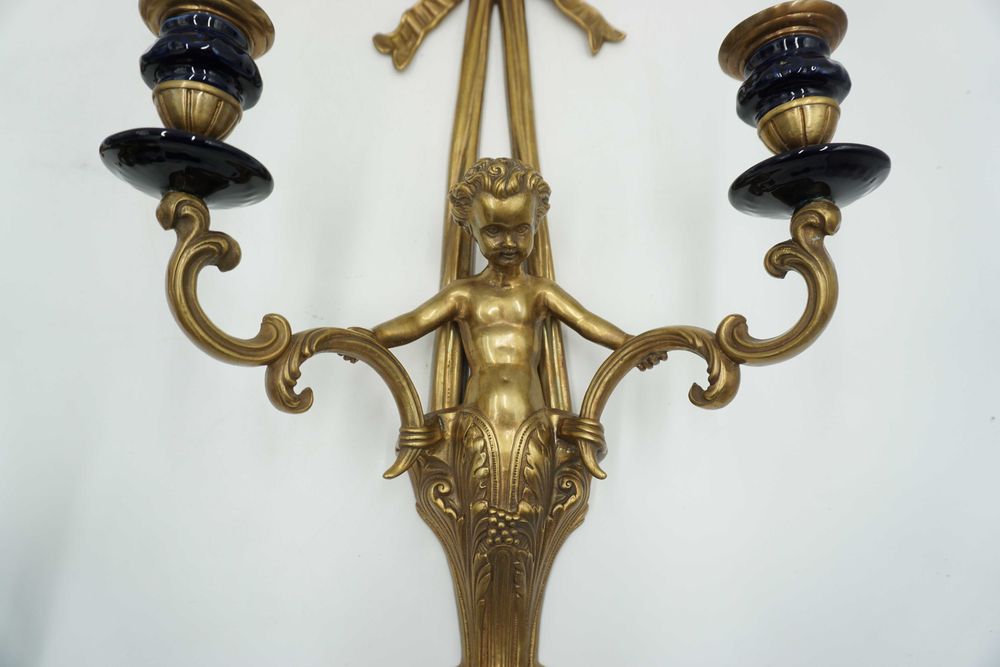 DUŻA para kinkietów świeczników ANIOŁKI porcelana z brązem