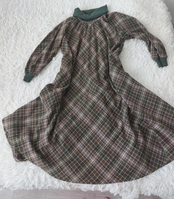 luźna wełniana ciepła sukienka w kratkę 70s