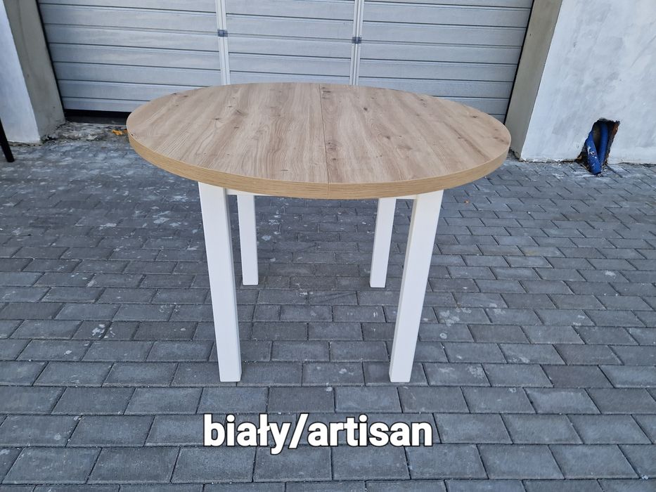 Nowe: Stół okrągły + 4 krzesła, biały/artisan + szary, dostawa cała PL