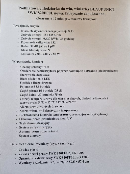 Chłodziarka do win winiarka Blaupunkt 5WK820FF0L
