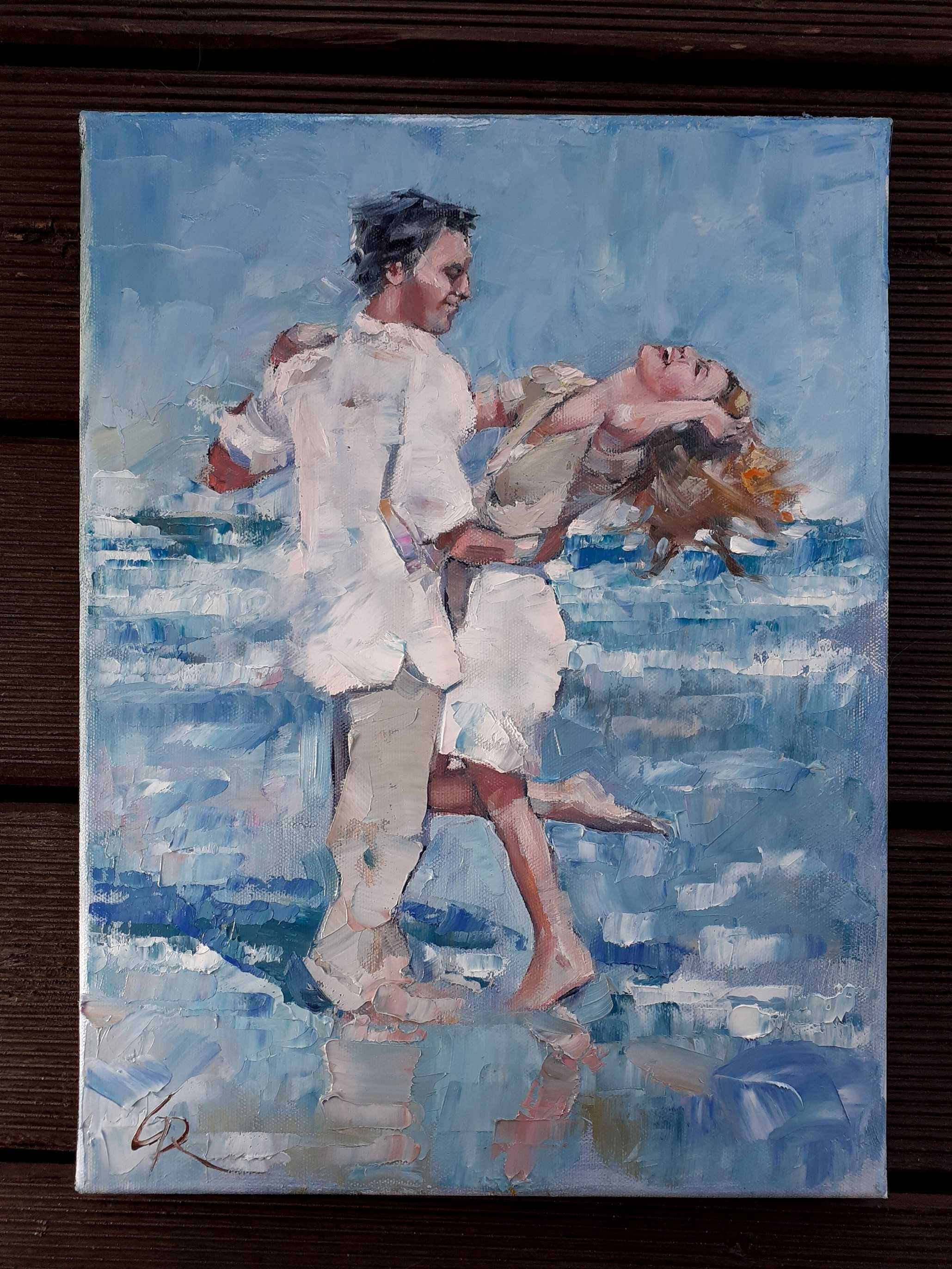 Na plaży. Obraz olejny na płótnie 30 x 40 cm