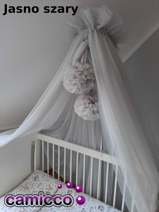 BALDACHIM do łóżeczka szyfon tiul baldachimy 8 metrowy + POMPONY