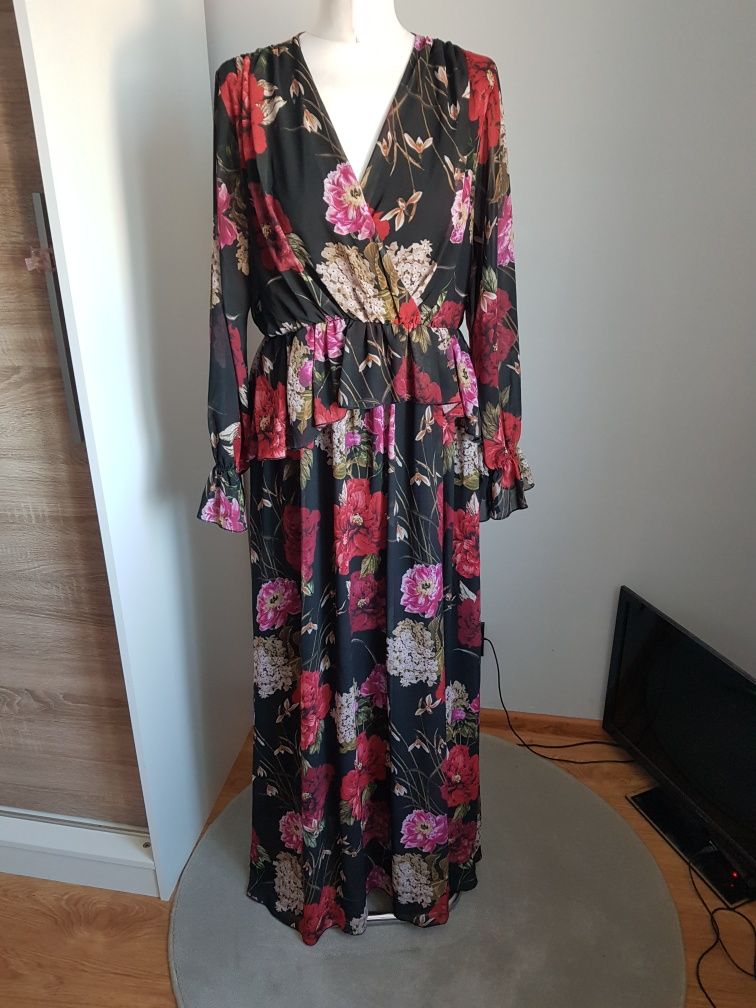 Sukienka suknia maxi w kwiaty rozkloszowana szyfonowa zwiewna
