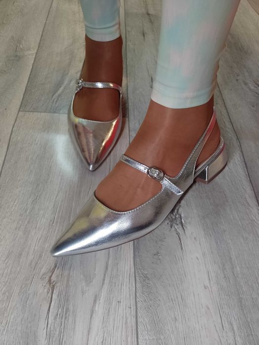 (39/40) Srebrne Baleriny wieczorowe z odkrytą piętą, NOWE