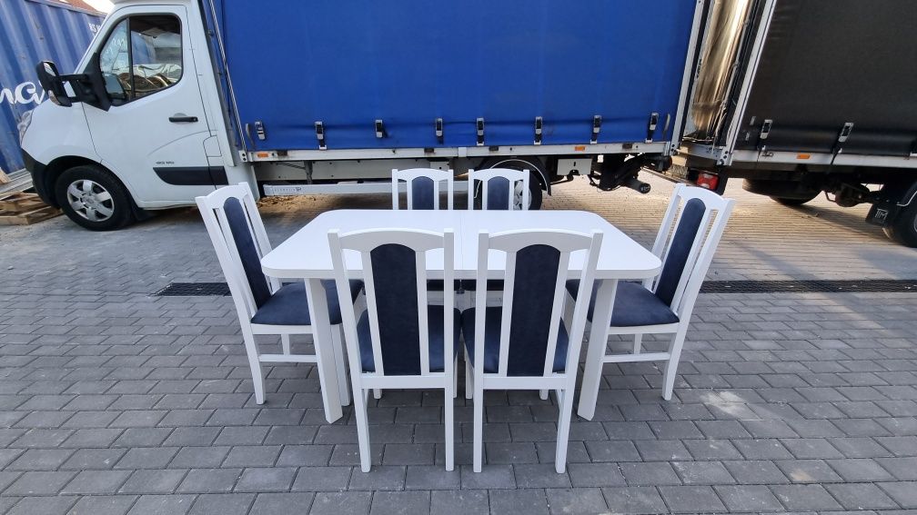 Stół 80x140/180 + 6 krzeseł, biały+metaliczny granatowy, dostawa PL