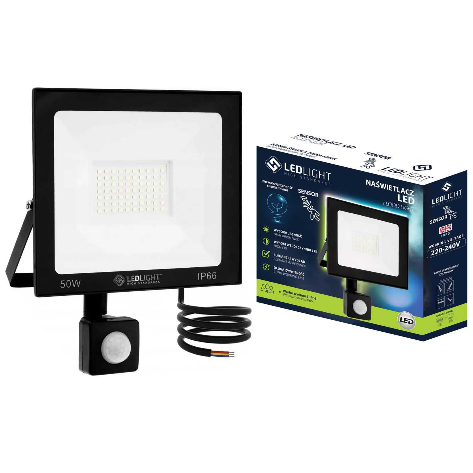 Oprawa Halogen lampa z czujnikiem ruchu  led biały zimny ip66 50w