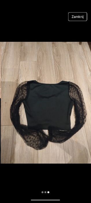 Koszulka czarna crop top dekolt shein bufiaste rękawy w kropki