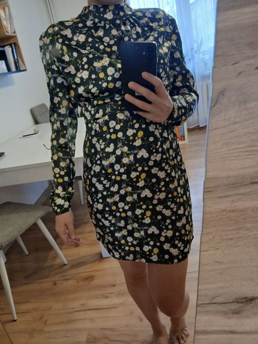 Sukienka s kwiaty długi rękaw klasyczna s m
