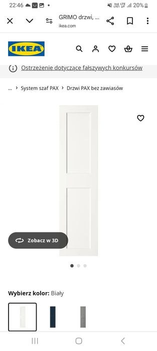 Sprzedam nowy biały front GRIMO do szafy Pax ikea 50x195cm