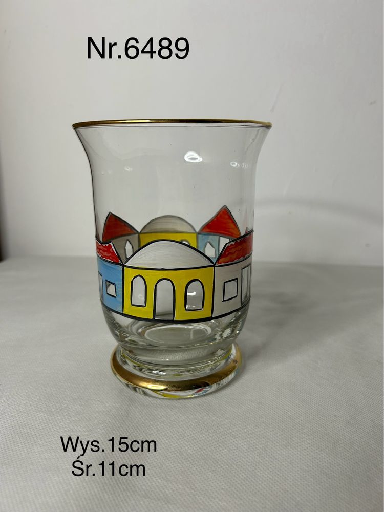 Szklany wazon z malowanymi domkami i elementami złota nr.6489
