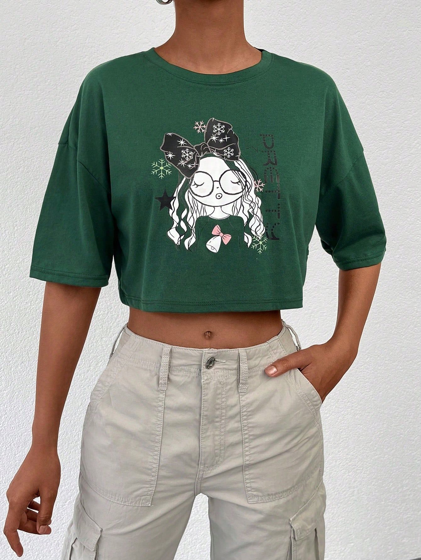 T-Shirt Cropped Bawełniany Ze Sloganem Nadruk Zielony Casual Shein S