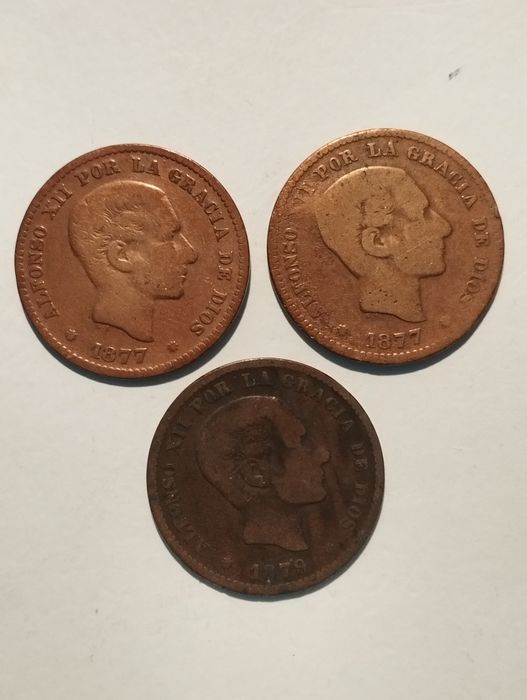 Moedas de 5 Cêntimos de 1870,  1877 e 1879 de Espanha