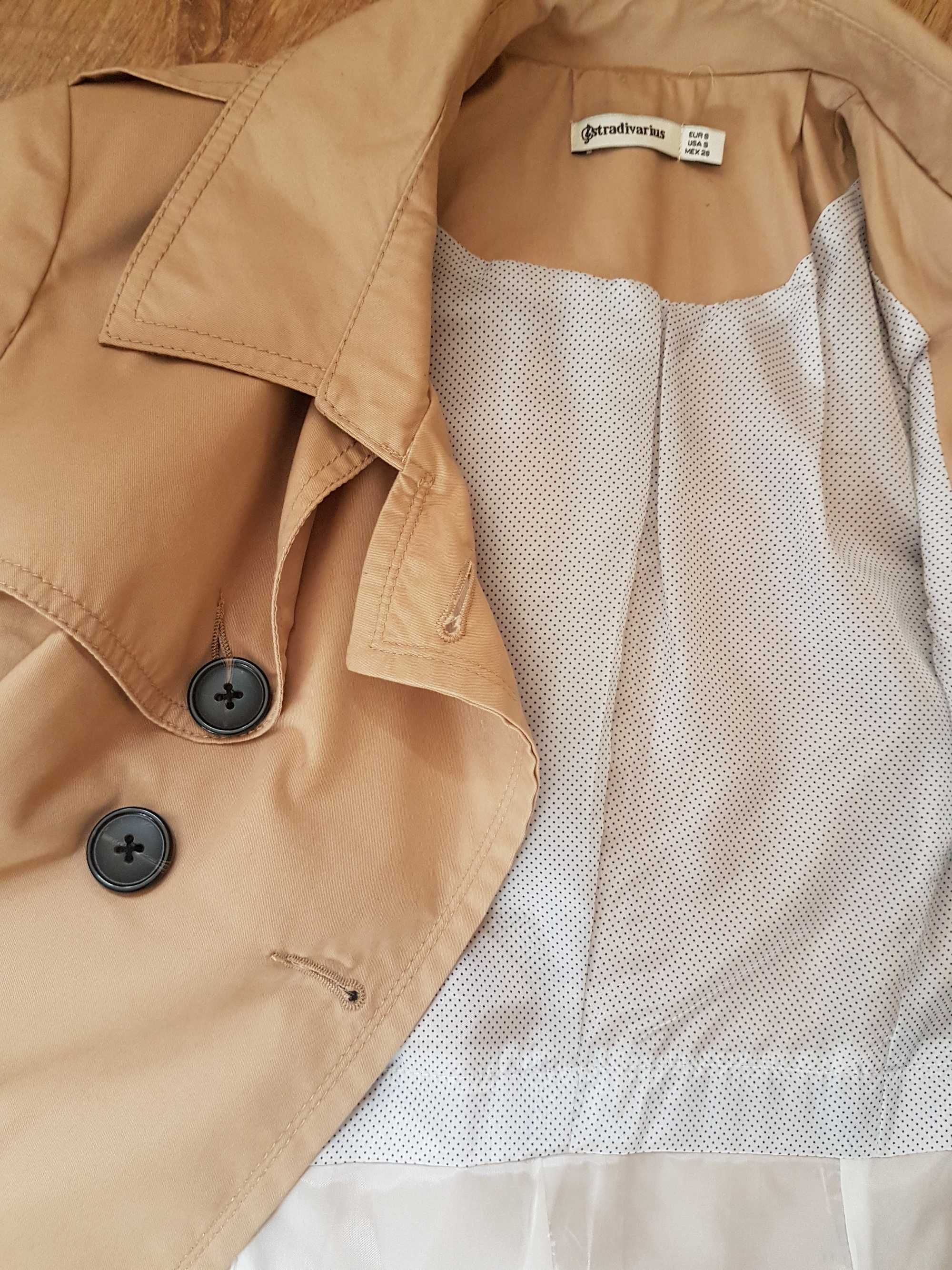 Trencz Stradivarius 36 płaszczyk beżowy brązowy midi płaszcz