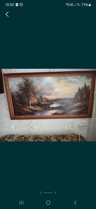 Картина с рамой,80×40см.новая"Осенний пейзаж ",Вечер на реке,