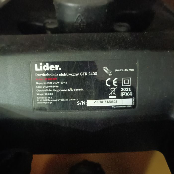 Lider grę 2400 rębak rozdrabniacz gałęzi