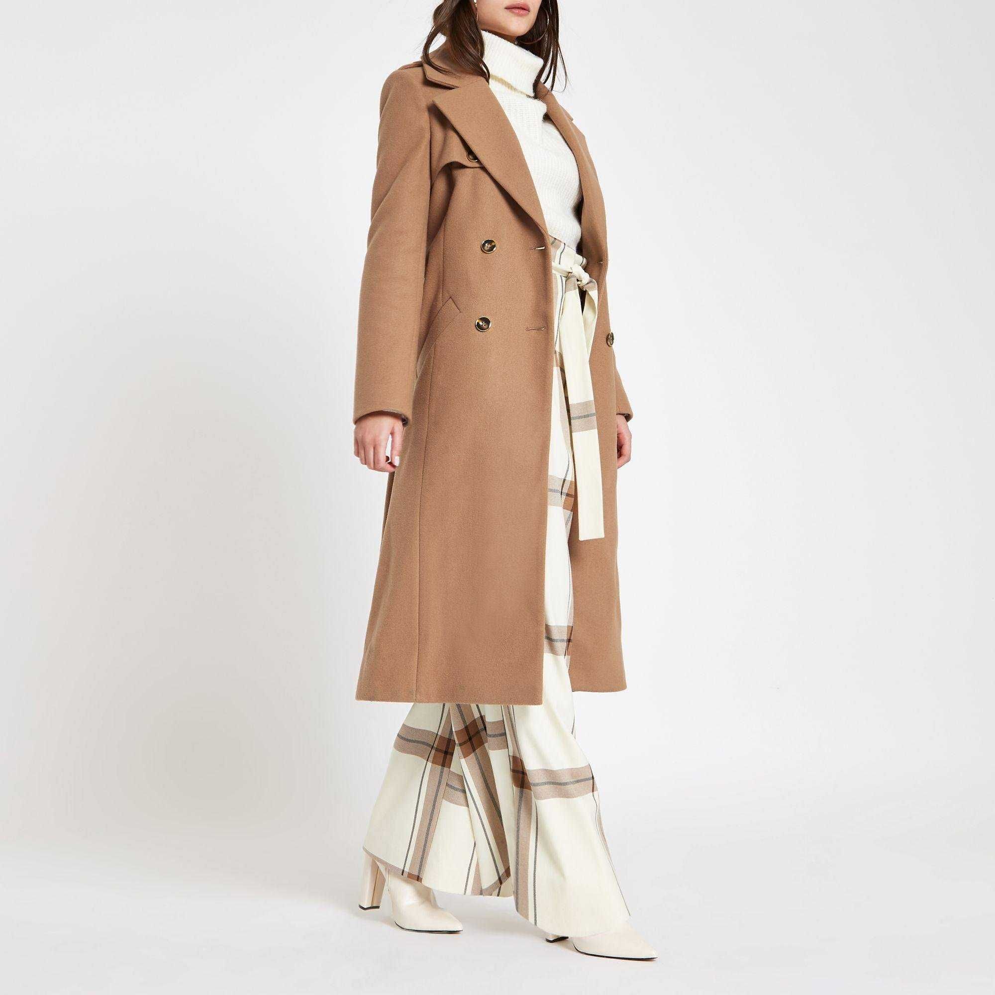 Красивое стильное модное классическое пальто River Island цвет кэмел