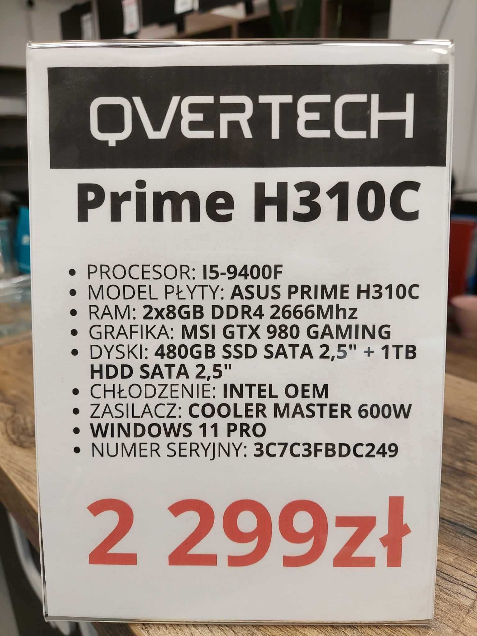 Komputer Qvertech Prime H310C I5-9400F/2x8GB/MSI GTX/LED gwarancja