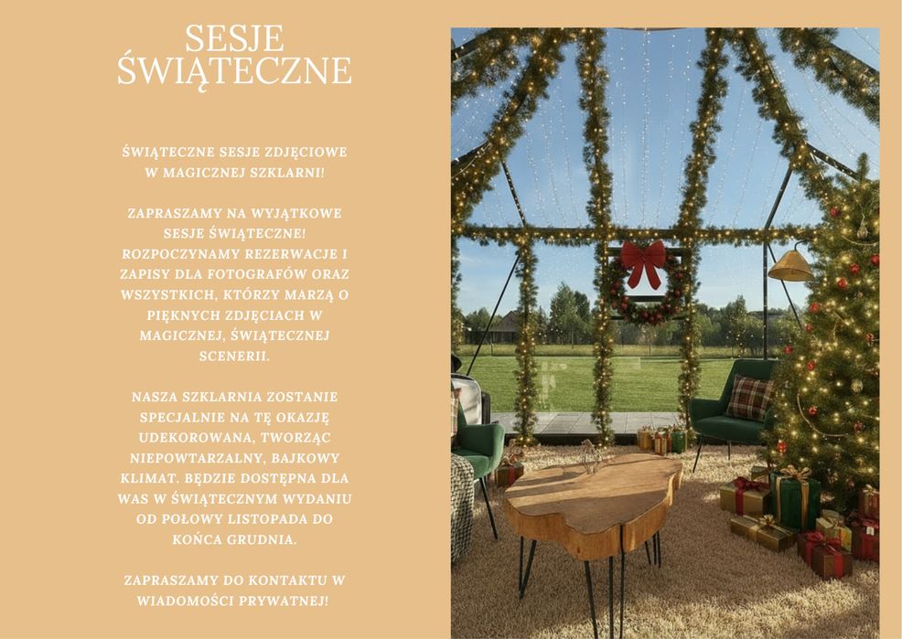 Szklarnia Oranżeria na wynajem na sesje świąteczne Mielec