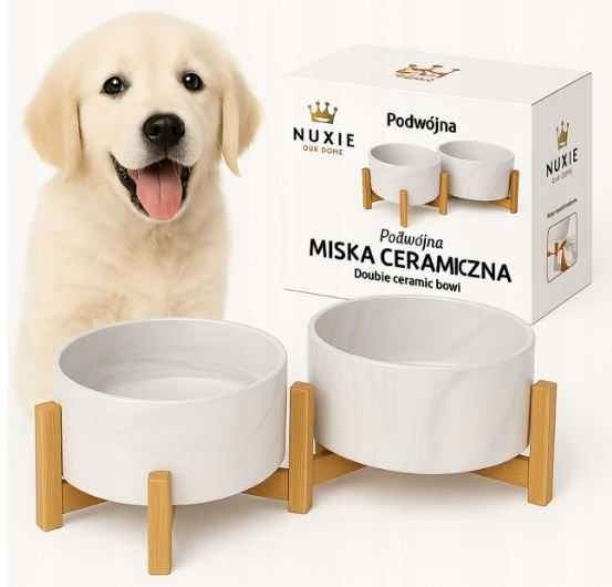 Miska dla psa kota podwójna ceramiczna miski na stojaku marmur 2x400ml